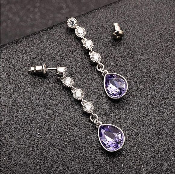 14K White Gold with Purple Tanzanite and Diamond Swarovski Crystal Post Earrings - Picture 2 of 5